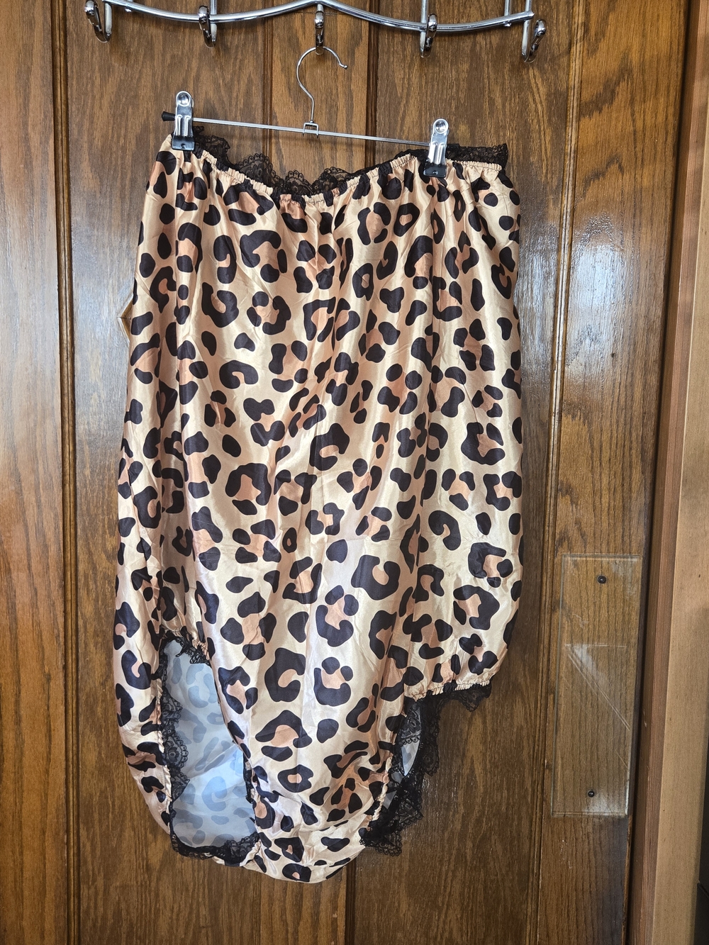 Leopard Print Satin Panties with Lace Trim - Beige/Brown Prank Gag Gift